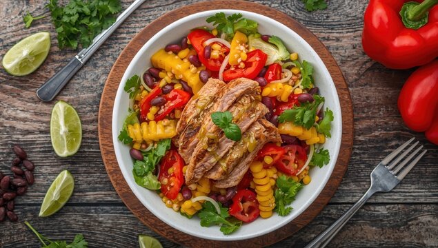 Tuna salad with red beans, corn, peppers, and oil; fresh, healthy appetizer or main dish, suitable for keto and paleo diets.