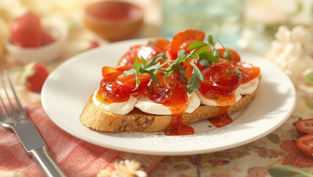 Vertical bruschetta topped with camembert, strawberries, arugula, and jam, with selective focus.