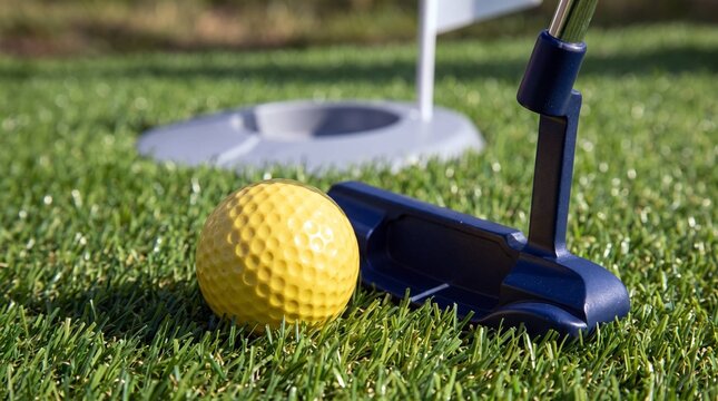 Yellow golf ball and putter resting beside golf hole