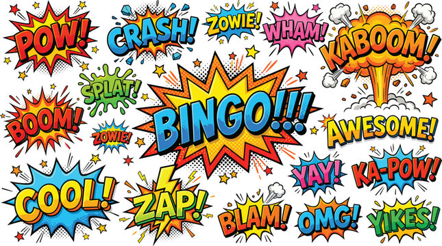Vintage Comic Book Speech Bubble Sticker Set with Pop Art Halftone Text Explosion Clouds and Sound Effects for Retro Graphic Poster Designs