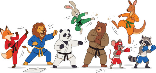 Fototapeta premium Cute Cartoon Martial Arts Animals Character Set with Panda Fox Lion Bear and Rabbit Practicing Karate Taekwondo Judoka and Boxing for Kids Graphic Designs
