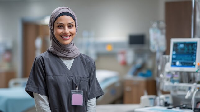 Healthcare Hero in Scrubs: A smiling Muslim healthcare professional wearing a hijab and scrubs stands confidently in a modern hospital setting, embodying care and dedication.