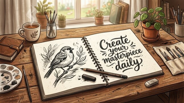 Artist's desk with sketchbook open to bird drawing and inspirational quote 'Create your masterpiece daily'