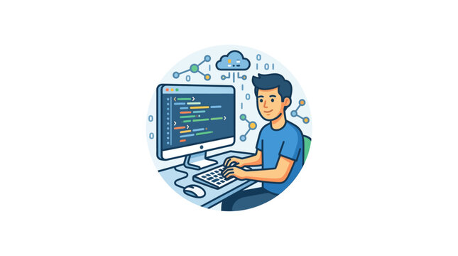 Young man working on computer coding.