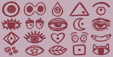 A collection of hand-drawn doodle icons representing eyes, shapes, and abstract symbols on a muted background. © Riki