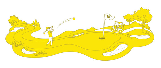 Golfer hitting ball on course with cart and flag