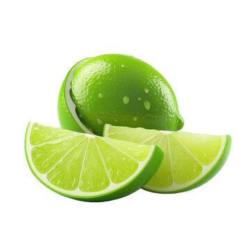 Fresh lime fruit with water droplets and citrus slices isolated on white background.