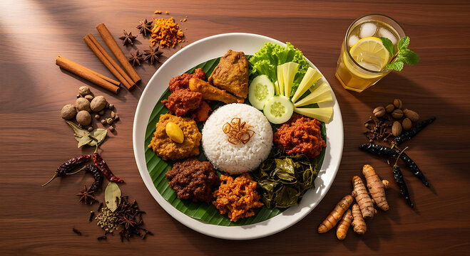 Traditional Indonesian Nasi Campur with Fresh Garnishes.