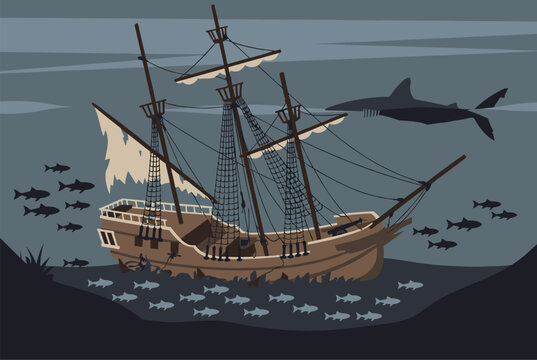 Atmospheric underwater scene of an old sunken wooden pirate ship resting on the seabed surrounded by schools of fish and a large shark.