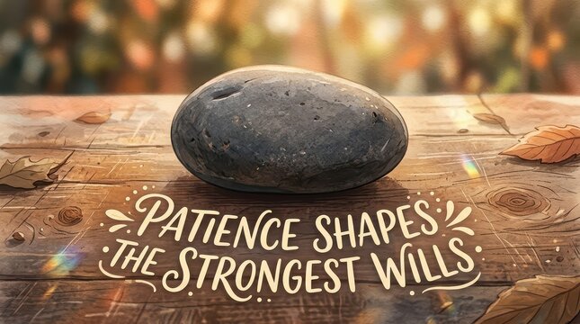 A single smooth stone rests on a weathered wooden table with fallen autumn leaves and an inspirational quote about patience.