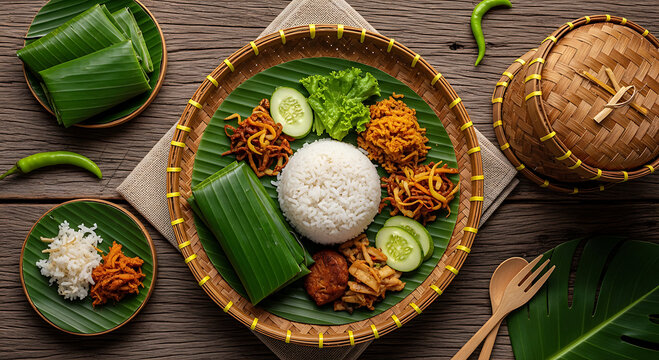 Traditional Nasi Ulam with Colorful Side Dishes on Banana Leaf.