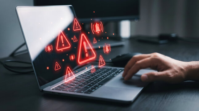 Close up hand of businessman typing on keyboard of laptop with red warning icons and notification for digital security monitoring and information technology support. System error alert concept 