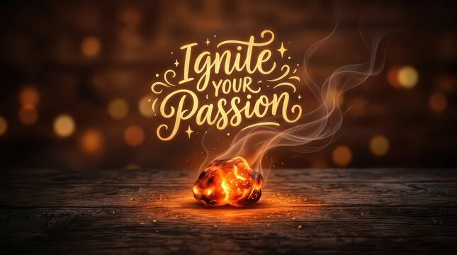 Ignite Your Passion: Glowing ember with inspirational calligraphy on rustic wooden background, metaphor for motivation and creativity