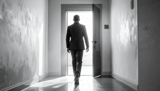 Man walking through door