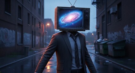 Man with television head galaxy view