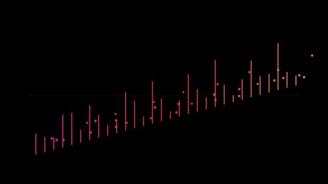 Vibrant Digital Data Visualization Abstract Graphic Animation with Rising and Falling Bars and Dots in Pink Orange Gradient on Black Background for Technology Concepts