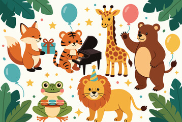 Naklejka premium Fun group of cute cartoon animals celebrating together with colorful balloons, sweet treats, and a piano performance in the jungle.