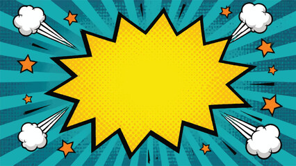 Retro comic book explosion background, yellow pop art speech bubble with halftone dots, vintage superhero burst vector with stars and clouds © SA Designer