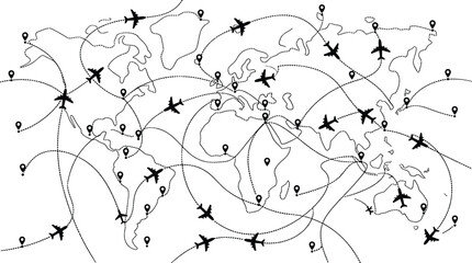 World map vector illustration with global flight routes airplane silhouettes and geographic location pin map markers © MstHusna