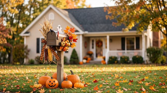 Cozy suburban home decorated for autumn with pumpkins and fall mailbox decor