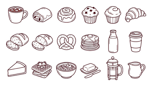Hand drawn breakfast icons set, 18 bakery and coffee vector illustrations, minimalist line art food doodles for cafe menu design and branding