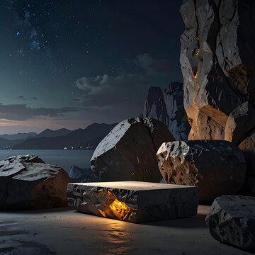 Nighttime rocky landscape with fire pit.