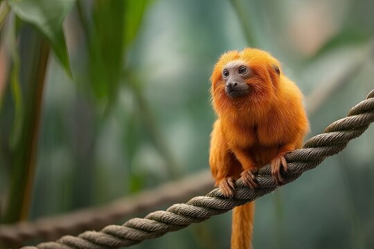 A Golden Lion Tamarin Monkey Sits Perched on a Rope in Its Natural Habitat