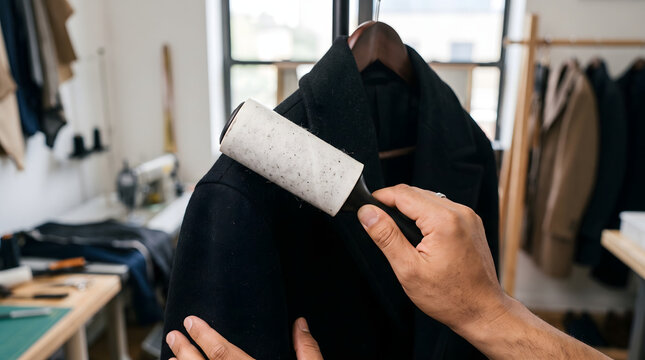 Tailor using a lint roller to clean a black wool coat in a workshop.