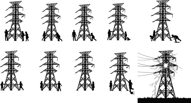 High Voltage Transmission Tower Safety Awareness Silhouette Vector Collection with Electrical Hazard and Public Protection Concepts