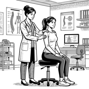 Female chiropractor adjusting female patient's back in clinic.