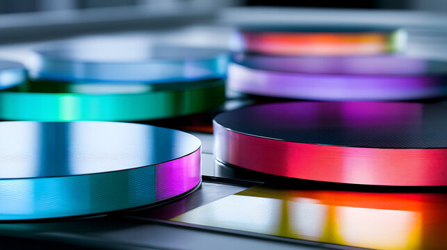 Series of silicon wafers aligned for photolithography exposure