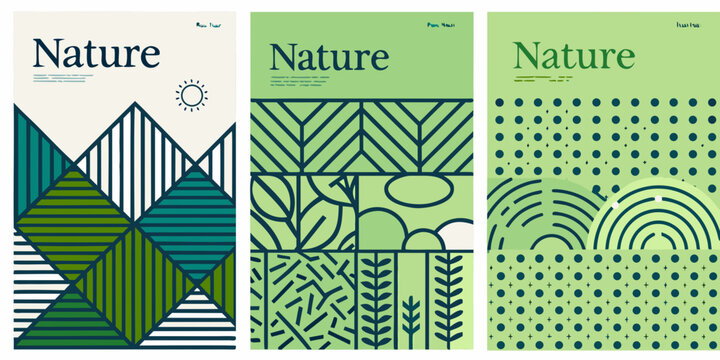 nature posters with geometric patterns and green color scheme illustration vector design landscape mountains trees sun dots lines shapes modern