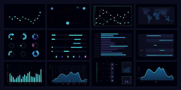 analytics dashboard with various charts and graphs in dark mode data visualization statistics metrics performance monitoring analysis information reporting interface
