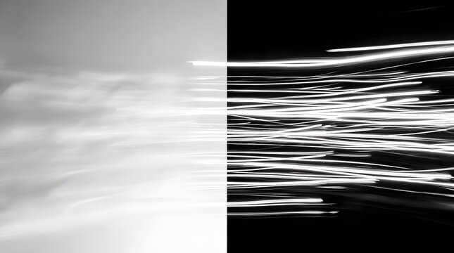 Abstract light trails divided by vertical split composition creating high contrast dynamic visual energy effect with composition with moving across contrasting