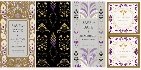 Naklejka premium invitation cards with art nouveau floral patterns and elegant text art nouveau save date ornate design purple gold black white vector illustration