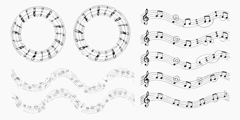 musical notes on staffs in black and white line art style music notation clef quavers semiquavers vector illustration graphic design © Asit