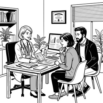 Female doctor consulting couple in medical office.
