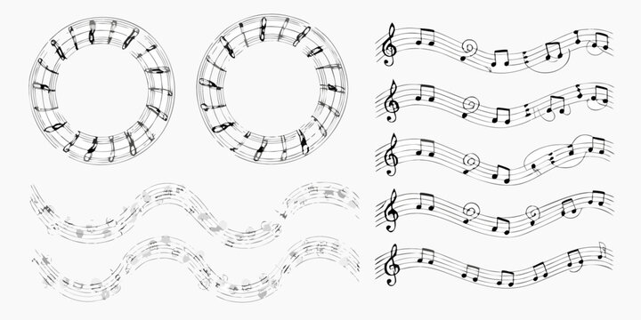 musical notes on staffs in black and white line art style music notation clef quavers semiquavers vector illustration graphic design