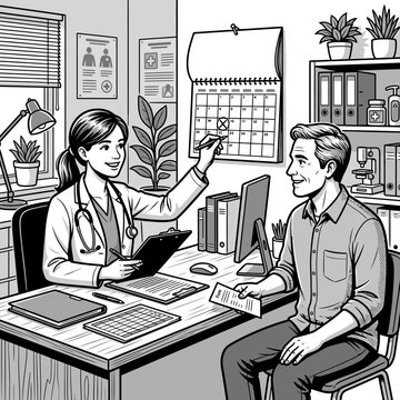 Female doctor consulting male patient in medical office.