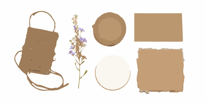 wildflowers and rustic objects flat lay illustration brown bag stem petals stone square oval paper natural organic handmade texture simple