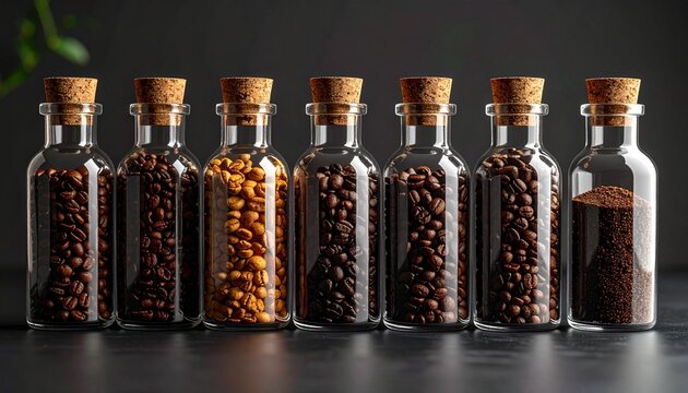 Premium coffee selection lineup in small corked bottles on dark table