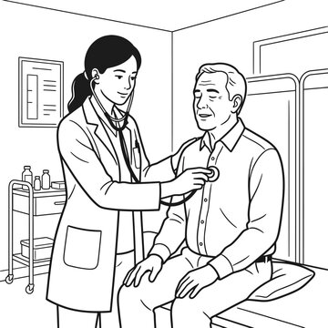 Female doctor examining elderly man with a stethoscope.