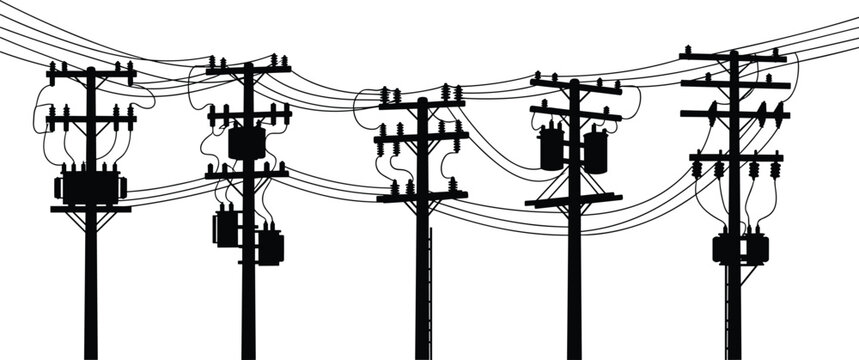 Utility Distribution Poles with Transformers and Overhead Power Lines Silhouette Vector Collection for Electrical Infrastructure