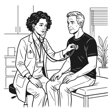 Female doctor examining male patient with stethoscope