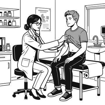 Female doctor examining male patient with stethoscope in clinic.
