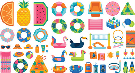 Summer Beach Vacation Icons Collection with Pool Floats Tropical Accessories and Holiday Vector Set © Creative Vector Work