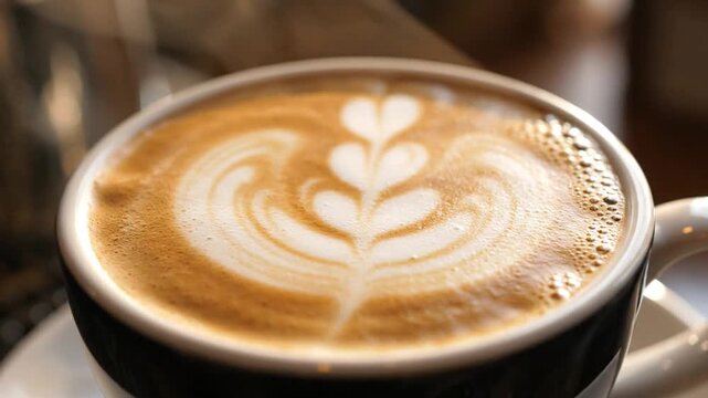 A warm and inviting cup of coffee featuring exquisite latte art with delicate heart and leaf patterns, a perfect start to the day or a delightful break