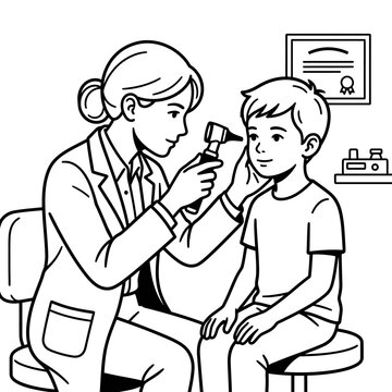 Female doctor examining young boy ear with otoscope.