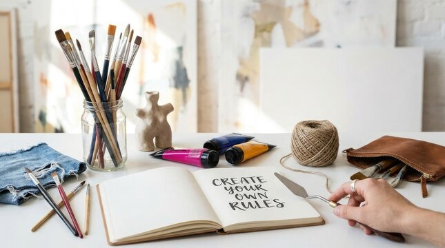 A person is writing in a notebook with the words "Create your own rules" on the cover.