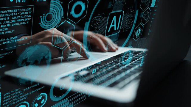 A modern laptop user types on a digital keyboard, interacting with an AI-driven data analytics interface, showcasing the fusion of technology and innovation in today's workspace. Cipher